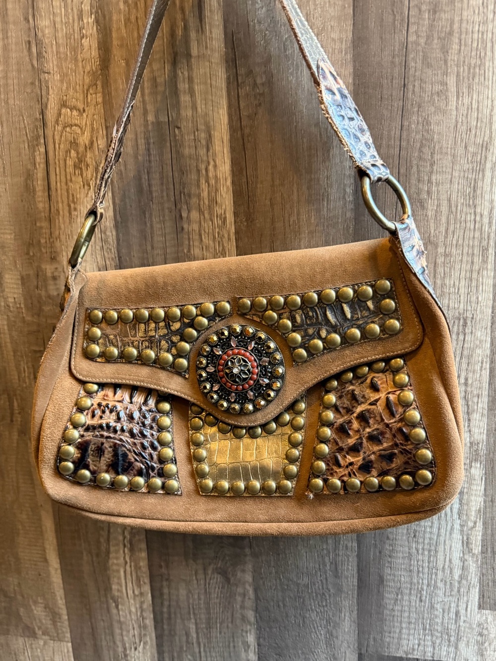 Leather Rock USA Hand made Studded Brown Suede Shoulder Bag with Embossed Panels